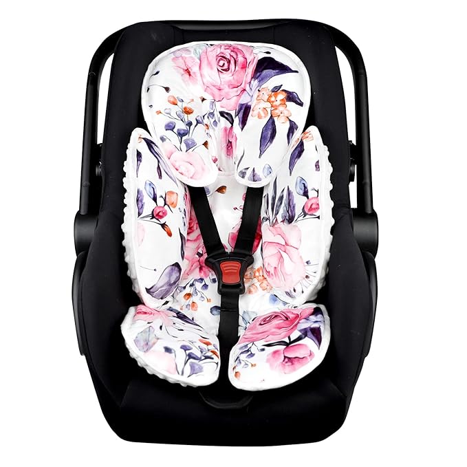 Pea Pod Baby Car Seat Head Support for Newborn, 2 in 1 Infant Car Seat Head Body Support for Girls Extra Soft Breathable Baby Car Seat Cushion Insert for Strollers, Swings, and Bouncers, Pink Floral