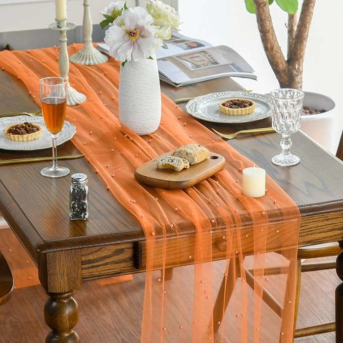 Artoid Mode Pearl Orange Gauze Table Runner 59x120 Inch, Seasonal Sheer Kitchen - Image 5