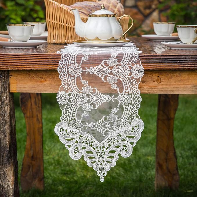ARTABLE White Lace Table Runner Macrame Vintage Dresser Scarf 10 x 59 Inch | by ARTABLE
