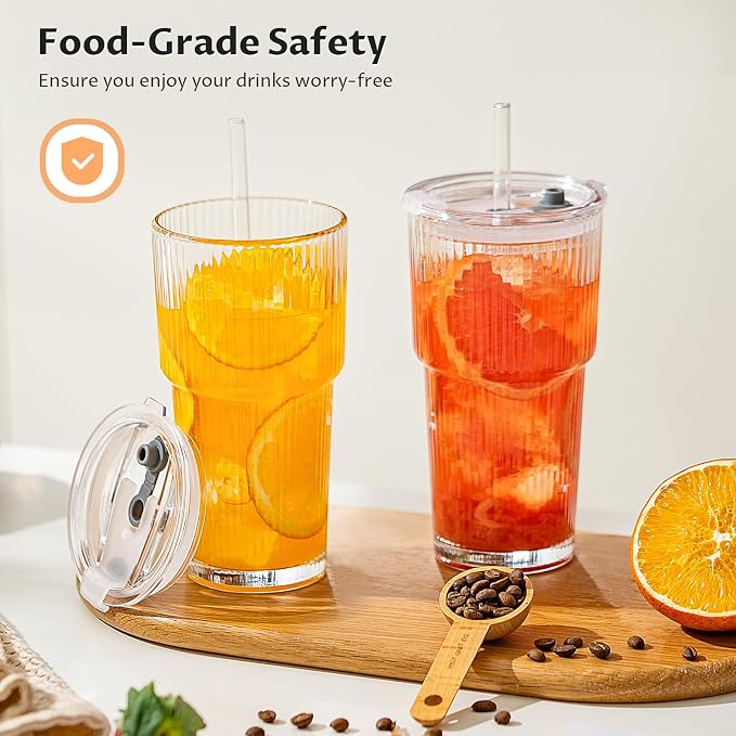 20oz Iced Coffee Cups with Lids, Glass Coffee Cups with Lids and Straws | Clear - Image 2