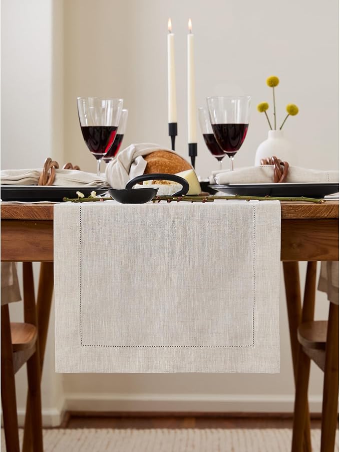 Solino Home 100% Linen Table Runner Natural, Classic Hemstitch 14 x 120 in | by SolinoHome