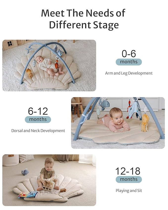 Blissful Diary Shell Baby Play Gym Mat, Softer & Enlarged Tummy Time Mat w 6 Detachable Toys for Sensory & Motor Skill Development, Activity Mat for Newborn Essentials Shower Gift, Boho Ocean Theme