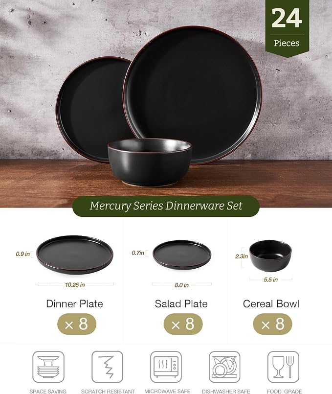 Famiware Mercury 24-Piece Stoneware Dinnerware Set, Matte Black | Plates and - Image 2