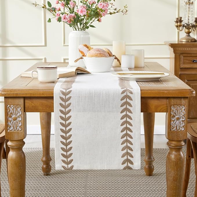 Linen Embroidered Table Runner, Taupe Table Runners 48 Inches Long | Linen - Image 2