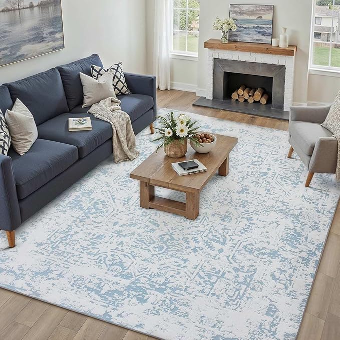 8x10 Fluffy Area Rug Blue Shag Neutral Carpet - Image 3