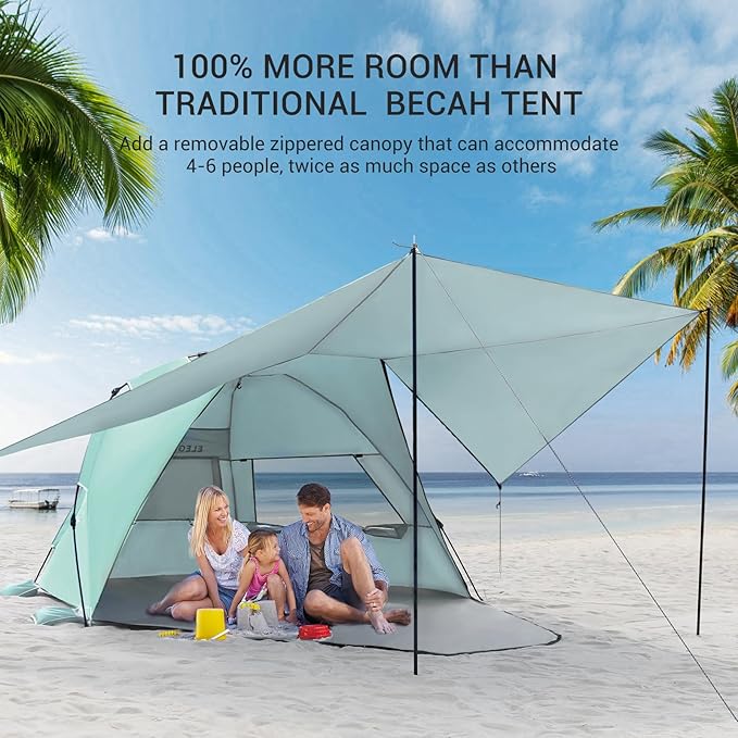 Elegear Beach Tent with Canopy, 1-Second Setup Pop Up Sun Shelter Shade, UPF 50+ UV Protection Silver-Coated Lightweight Portable Beach Cabana