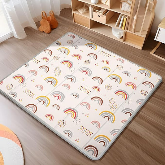 Foldable Baby Play Mat, PIGLOG 50x50 Playpen Mat, Waterproof Playmats for Babies and Toddlers Kids, Safe Foam Playmat for Tummy Time, Reversible Portable Baby Floor Mat for Infant, Colorful+Rain