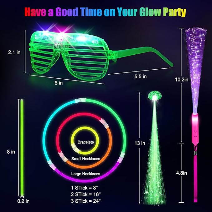 148 PCS Glow in the Dark Party Supplies, 16 Fiber Optic Wands, 14 LED Glasses, 100 Glow Sticks and 18 LED Hair Clips Fiber Optic for Neon Party, Wedding, Birthday, Concert, New Year