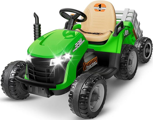 24V Ride On Tractor w/Tiltable & Detachable Trailer, 2x65W Motors, EVA Tires, Remote Control, Bluetooth, Shifter, Music, Electric Car for Kids, Green