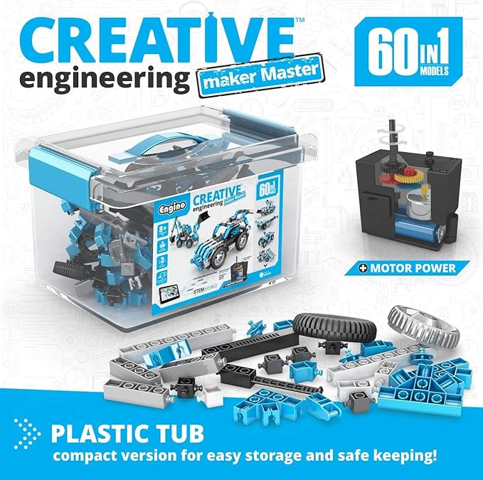 Engino Creative Engineering Kit, 60 Motorized Models for Kids 8+, Bulding Toys, STEM Projects for Young Inventors, Construction Toys, Models Powered by Motor, Gift for Boys & Girls