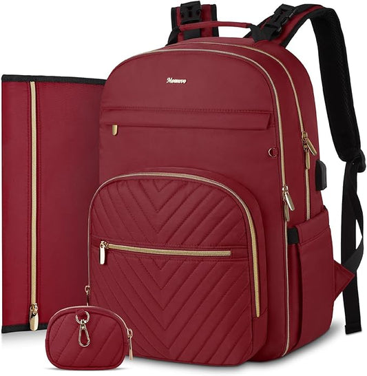 MOMUVO Diaper Backpack for Women Large Capacity with Insulated Pockets Diaper Bags For Baby,Burgundy