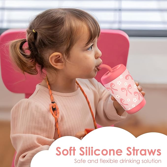 Kid Insulated Stainless Steel Tumbler with Silicone Straw, 12oz Sippy Cup for Kids (Pink Bows)