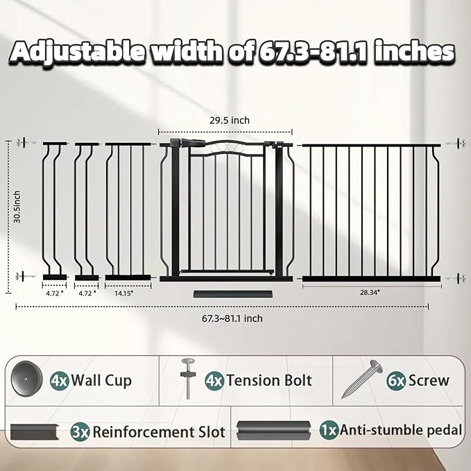 Extra Wide Baby Gate 67.3-81.1 Inch, Pressure Mounted Dog Gate Indoor, Walk Thru Pet Gate for Cat Dog Child,Pet Gates for The House Stairs Doorway Black