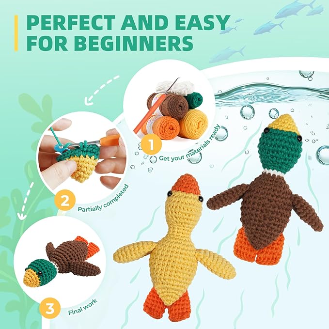 Crochet Kit for Beginners, Learn to Crochet, Include Easy Knitting Soft Yarn, Step-by-Step Video Tutorial, Hook, Holiday Birthday Gift for Adults and Kids(2 Pack Ducks)