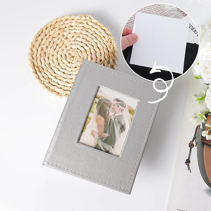 RECUTMS 200 Photo 4x6 PU Leather Cover Black Inner Page with Front Window, Small Photo Book for Baby Wedding Family (Silver)