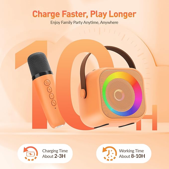 Karaoke Machine for Kids Adults: Mini Portable Karaoke Machine with 2 Wireless Microphones and Lights, Christmas Birthday Gifts for Girls Boys Family Home Party(Orange)