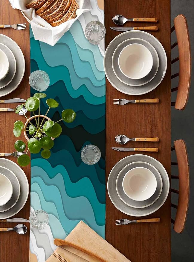 Turquoise Geometric Beach Table Runners 108 Inches Long, Cotton Linen Fabric - Image 5