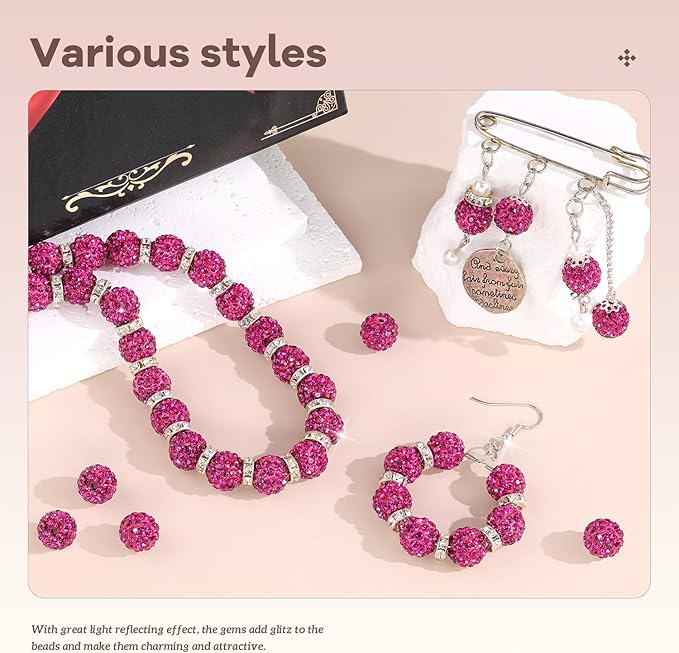 200pcs 10mm Rhinestone Beads for Jewelry Making, Fuchsia Shiny Round Disco Ball Beads Bulk, Sparkle Crystal Clay Christmas for Bracelet Baseball Necklace Earring Crafting and DIY