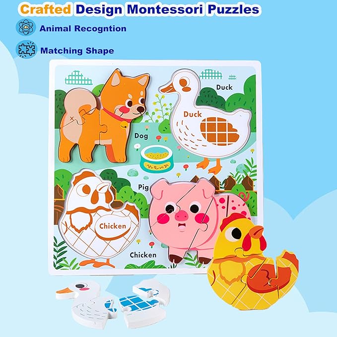 Farm Animal Puzzles for Toddlers 1-3, Gifts for 2 3 Years Old Girls Boys,Wooden Montessori Puzzle 2-4, Toddler Toys Learning Educational Toys Kids Ages 2-3