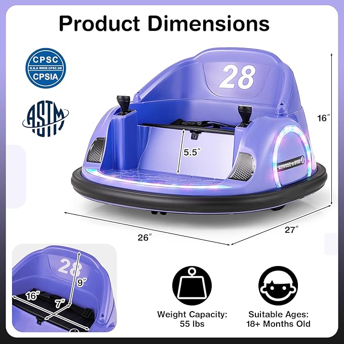 GLACER 12V Bumper Car, Electric Kids Bumper Car w/Parental Remote, 3-Speed, 360°Spin, Music, LED Light, Battery Ride on Bumper Car w/Dual Joysticks, Baby Bumper Car for Toddlers 18 Months+ (Purple)