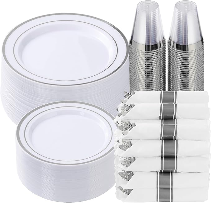 350 Piece Silver Plastic Dinnerware Set by GoodLuck