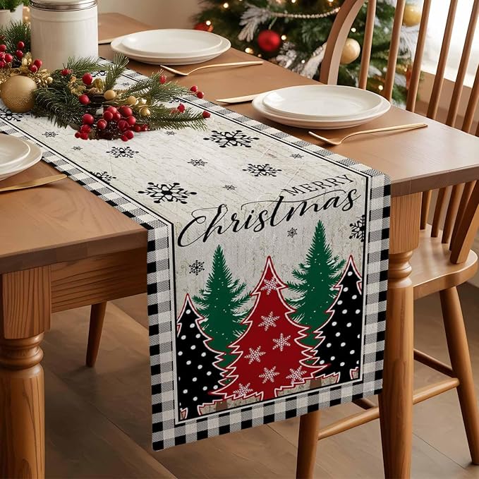Christmas Trees Table Runner 70 Inches Long, Xmas Snowflake Retro Table Runners - Image 3