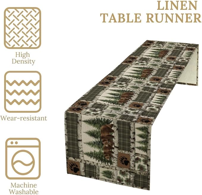 Vintage Rustic Cabin Moose Deer Bear Table Runner, Retro Bear Cottage Country - Image 5