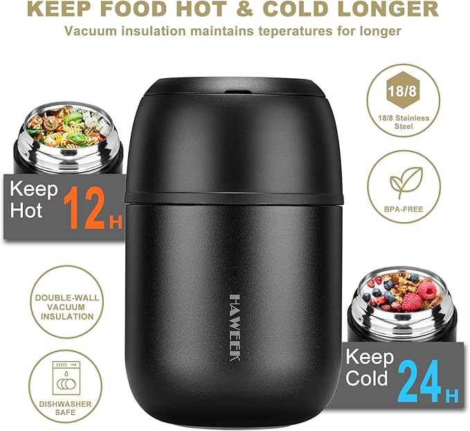 Insulated Food Container 17 oz Soup Thermo for Hot Food Kids Adults, Stainless Steel Vacuum Lunch Box with Folding Spoon, Adult Kids Thermo Portable with Handle for School, Office, Outdoor