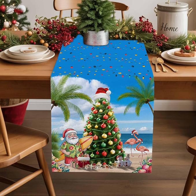 Coastal Christmas Table Runner 90 Inches Long, Xmas Tree Santa Beach Table - Image 2