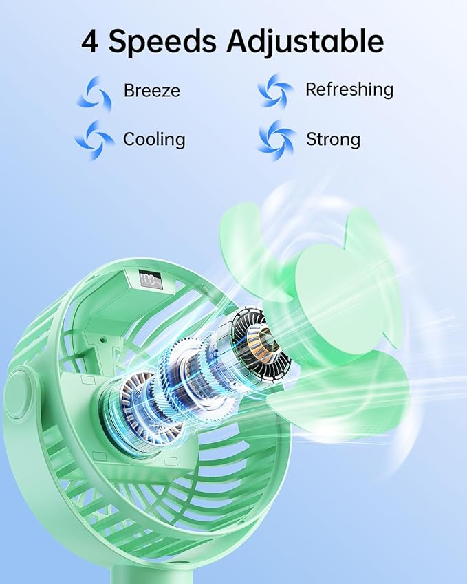 SWEETFULL Portable Stroller Fan with Display 4000mAh Battery Powered Mini Clip On Fan, 4-Speed Rechargeable Small Personal Cooling for Baby Car Seat Crib Travel - Green