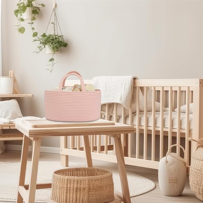 Diaper Caddy Organizer Cotton Rope Baby Basket Nursery Storage and Portable Tote Bag for Car Ideal Baby Shower Gifts and Registry Must-Have for Newborn Essentials large coral pink