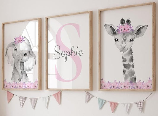 Safari Animals Girls Nursery Bedroom Unframed Set of 3 Poster Prints, Personalized Name Pink or Purple Flowers Wall Art Decor New Baby Gift Present, Elephant Giraffe Panda Zebra Lion (12x16)