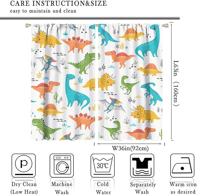 Kids Dinosaur Curtains for Boy Girl Bedroom Decor Cartoon Dino Colorful Cute Funny Animal Wildlife Printed Blackout Rod Pocket Window Drapes for Baby Nursery Playroom Living Room W36xL63in 2 Panels