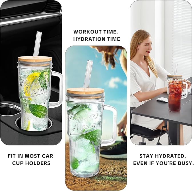ANOTION Glass Cups with Lids and Straws - 24 oz Tumbler with Handle Christmas - Image 5