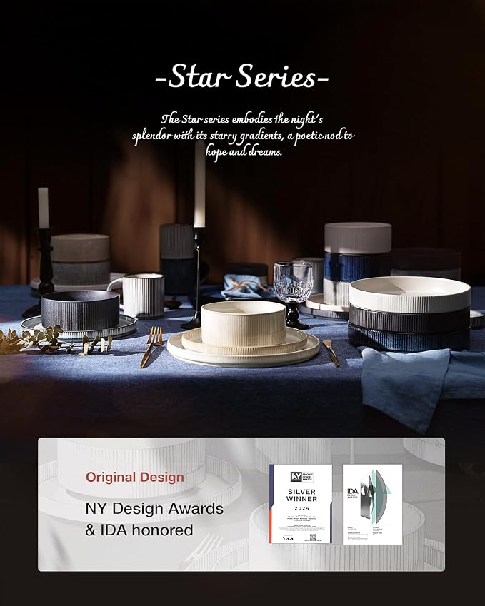 famiware Star 8.25" Pasta Bowls Set of 6, Bowl Plates, Cappuccino White | - Image 7