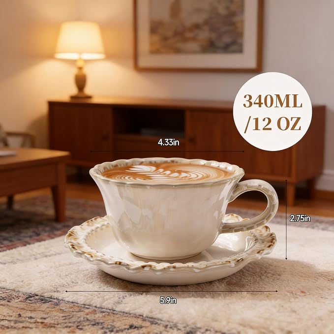 Vintage Porcelain Coffee Cup and Saucer Set, 12 OZ Ceramic Latte Mug - Image 2