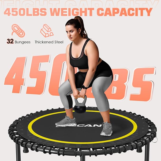 BCAN 40"/48" Mini Rebounder Trampoline for Adults with Bar, 450/550LBS Fitness Trampoline with Bungees, Adjustable Handle, Stable & Quiet, Indoor Outdoor, Whole-Body Workout & Relaxation at Home