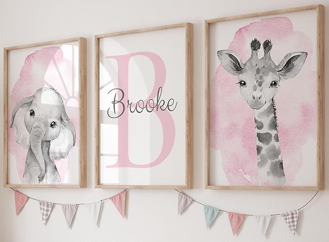 Safari Animals Set of 3 Unframed Poster Prints for Baby Girls Nursery Bedroom Playroom, Personalized Name, Choice of 12 Animals, Pink Purple (8x10)