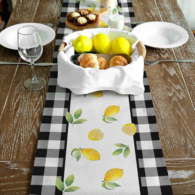 Black Buffalo Check Summer Table Runner 13 x 90 Inch, Lemon Vase Spring - Image 6