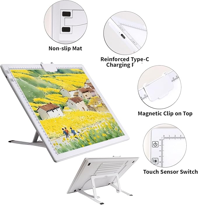 KOBAIBAN Wireless A3 Light Pad with Carry Bag, Foldable Stand, Top Clip, 3 Colors/Stepless/6-level Dimmable Brightness Rechargeable tracing Light Box/Board for Weeding Vinyl, Diamond Painting (White)