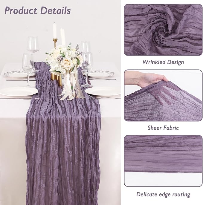 1 Pack Dusty Purple Cheesecloth Table Runner 120 Inch Boho Wedding Decor | - Image 3