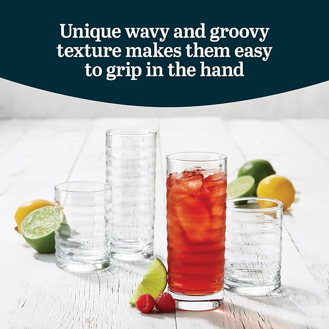 Libbey Pueblo Tumblers and Rocks Glass Cups Set, Wavy and Groovy Drinking - Image 4