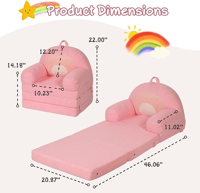 Foldable Kids Sofa, Comfy Rainbow Toddler Couch with Tri Folding Foam Cushions, Comfy Couch for Kid Age 18 Months and Up