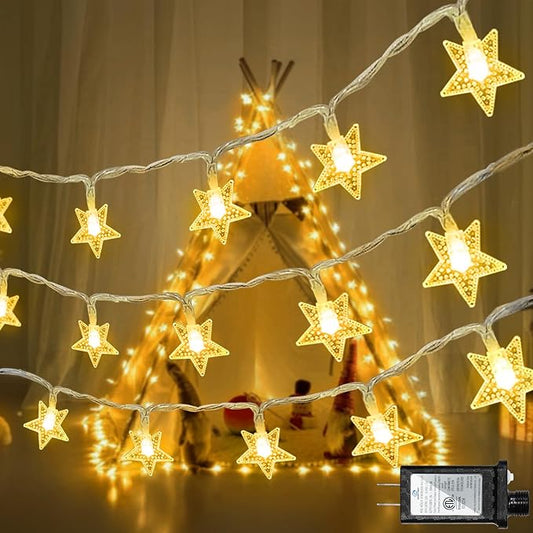 120 LED 40FT Star String Lights, 8 Modes Plug in Star Lights with Timer & Memory, Indoor Outdoor Christmas Twinkle Light for Birthday Party Bedroom Wedding Home Classrom Decor Warm White