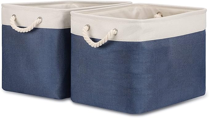 Bidtakay Fabric Storage Baskets with Handles for Organizing 16" x 11.8" x 11.8" Navy Blue Baskets [2-Pack] Shelf Baskets Large Canvas Collapsible Bins for Closet (White&Blue)
