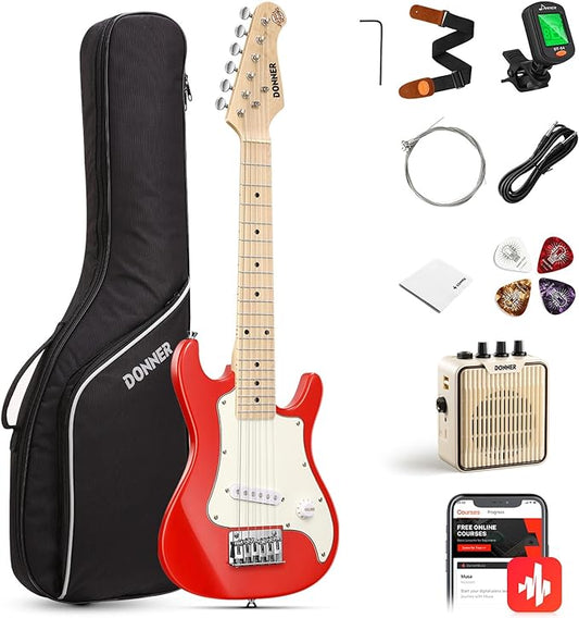 Donner 30 Inch Kids Electric Guitar Beginner Kits ST Style Mini Electric Guitar for Boys Girls with Amp, 600D Bag, Tuner, Picks, Cable, Strap, Extra Strings, DSJ-100, Red