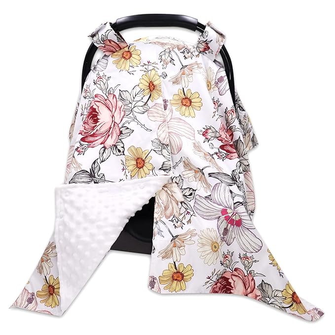 Floral Baby Car Seat Canopy Soft Plush Dotted Backing Baby Car Seat Cover Girls, Infant Carseat Canopy, Stretchy Multi- use Nursing Cover for Stroller/High Chair/Shopping Cart/Car Seat Canopies