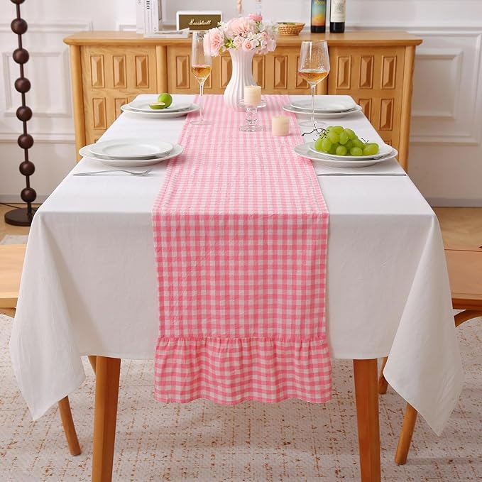 Coral Pink White Plaid Gingham Ruffle Table Runner 120 inches Long 100% Washed by KMASANIJI