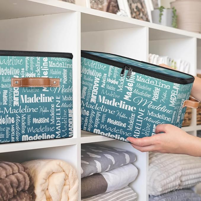 Custom Storage Basket with Name, Personalized Storage Bins with Zipper Lid, Foldable Fabric Storage Box Large capacity with Handle Grey Blue Green
