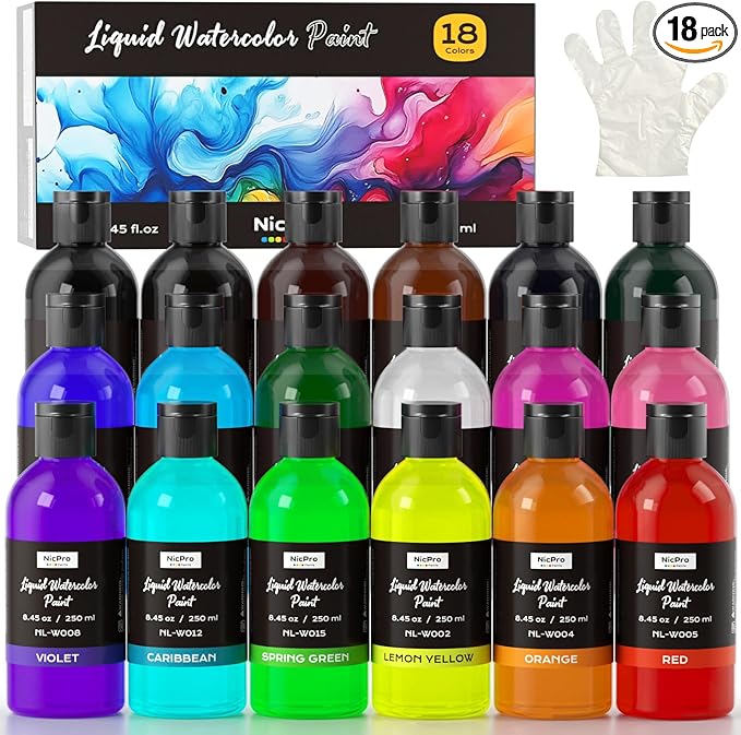 Nicpro 18 Colors Liquid Watercolor Paint Set, 8.45oz Large Bulk Liquid Watercolor Paint, Non-Toxic Water Colors Painting Supplies for Art Activity, Craft DIY, Poster, School, Home, Classroom, Party